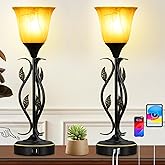 Amber Glow Touch Table Lamps Set of 2,With USB A and C Ports,Retro Style | 20 Inch,Elegant Vine and Leaf Design,Ideal for Bedroom,Living Room,Nightstand,Foyer,and Reading,LED Bulb include