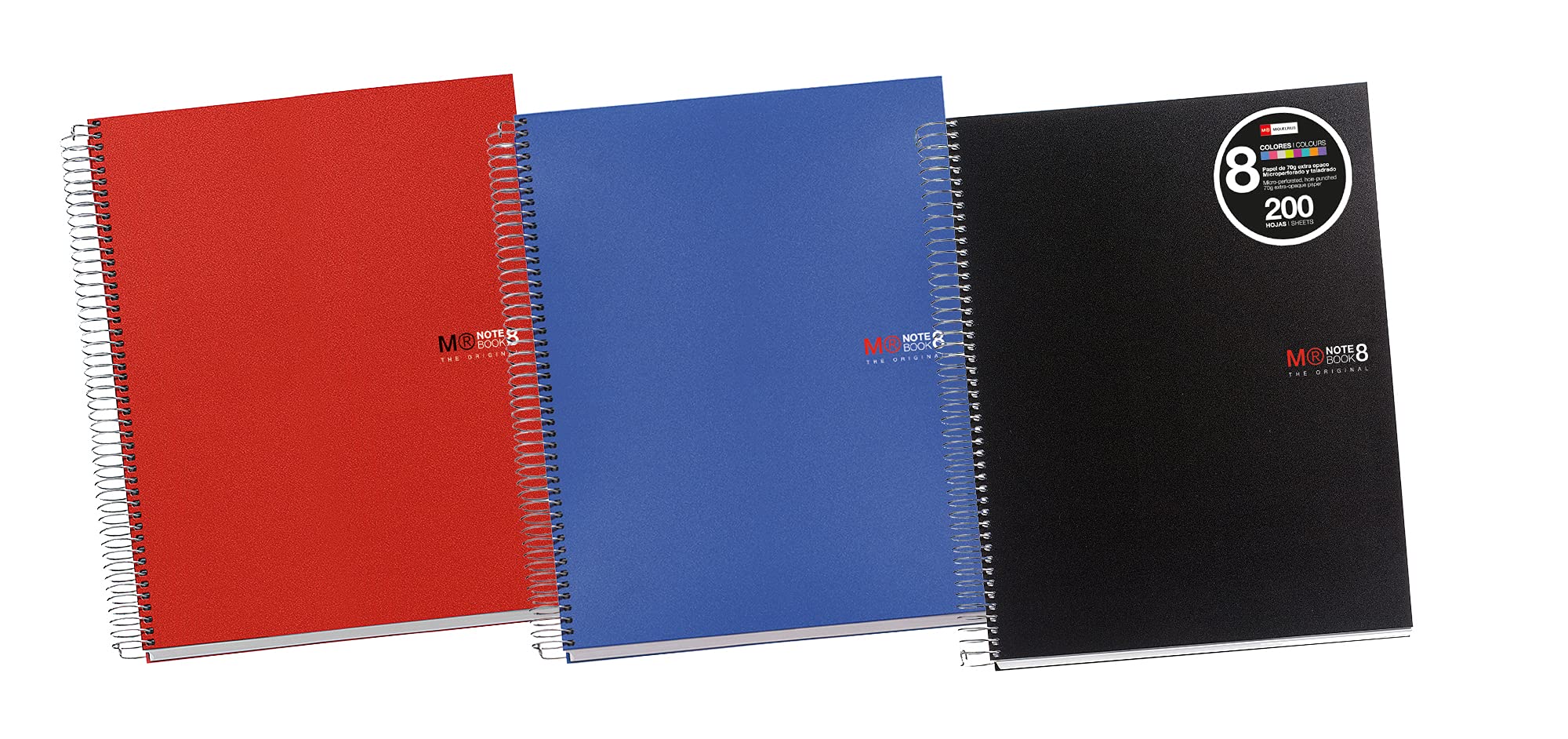 Miquelrius - Pack of 3 A4 notebooks, The Original Classic Notebook, 8 Coloured Stripes, Polypropylene Cover, 4 Holes for Filing, 200 Sheets of 70 g/m², Squared Notebook 5 x 5 mm