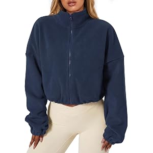 Tenbird Women's Cropped Fleece Jacket Full Zip Stand Collar Sherpa Coats | Oversized Fall Winter Nurse Long Sleeve coats Draw