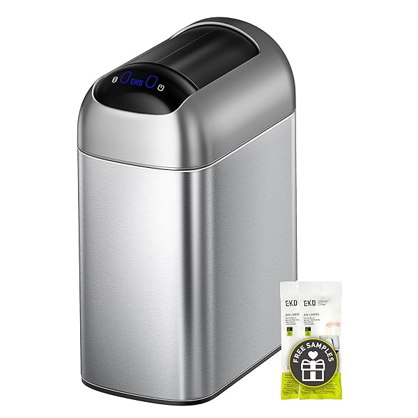 EKO ASTRO SLIM SENSOR TRASH CAN, 10L / 2.6 GALLON TOUCHLESS GARBAGE BIN WITH SOFT-CLOSE RETRACTABLE WING LID, MOTION SENSOR STAINLESS STEEL TRASH CAN FOR BATHROOM, KITCHEN AND OFFICE, WATERPROOF