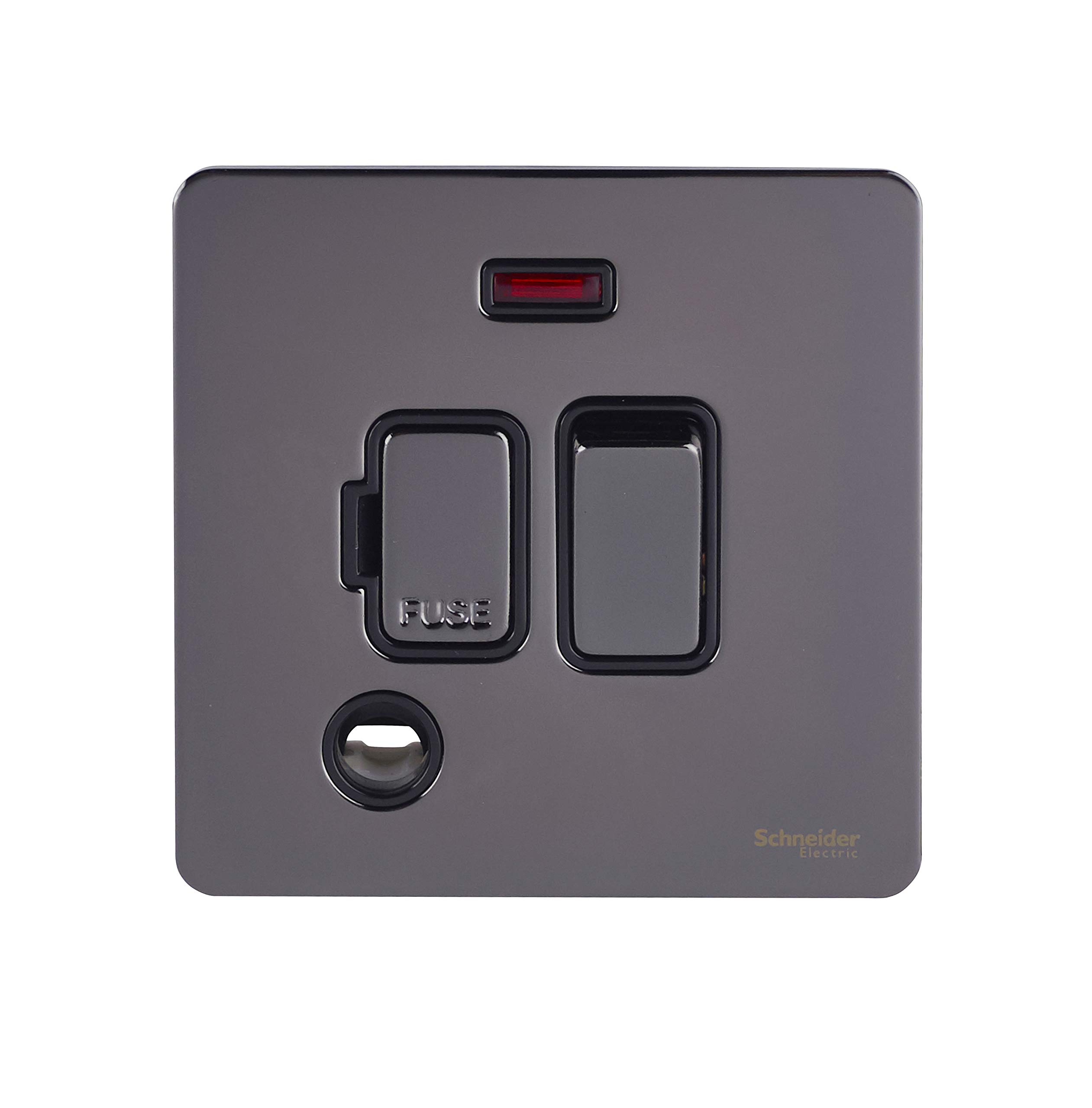 Schneider Electric Ultimate Screwless Flat Plate - Switched Fused Connection Unit with LED Neon Indicator and Flex Outlet, 13A, GU5414BBN, Black Nickel with Black Insert — image 1