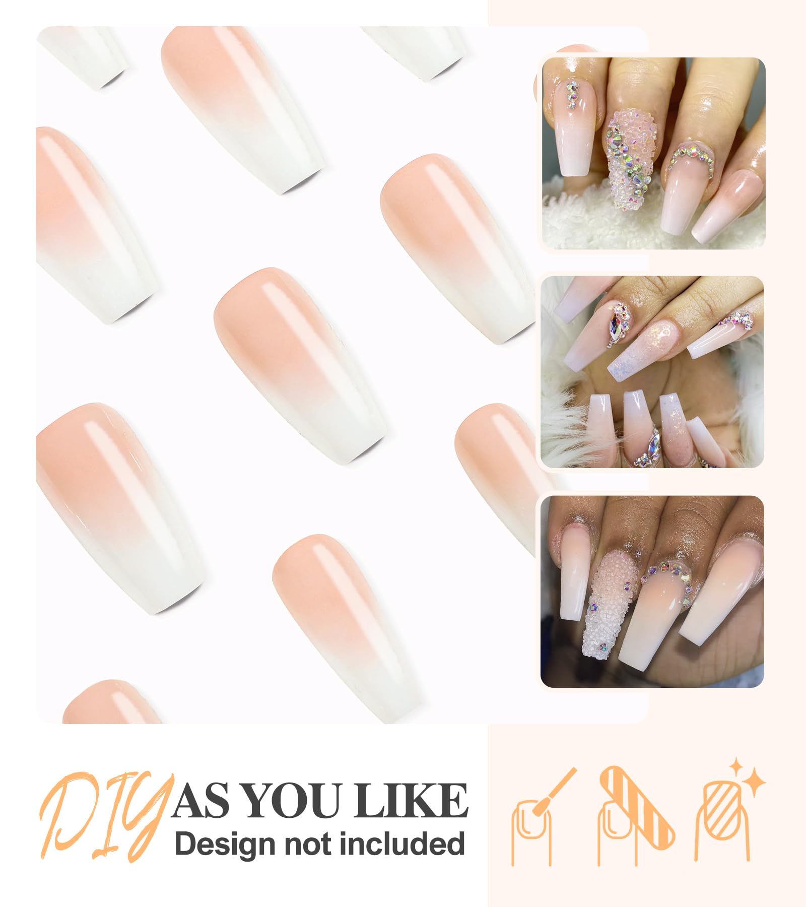 Morily Press on Nails - Pink Ombre Coffin Fake Nails Medium Length, French Tip Glossy False Stick on Fingernails for Women - 24Pcs in 12 Sizes - Image 3