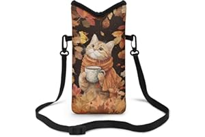 Suobstales Cat Butterfly Coffee Maple Leaves Print Neoprene Phone Sleeve for Women Men, Lightweight Cell Phone Pouch Case Bag with Crossbody Strap/Neck Lanyard for iPhone Samsung, 8 X 4 inch