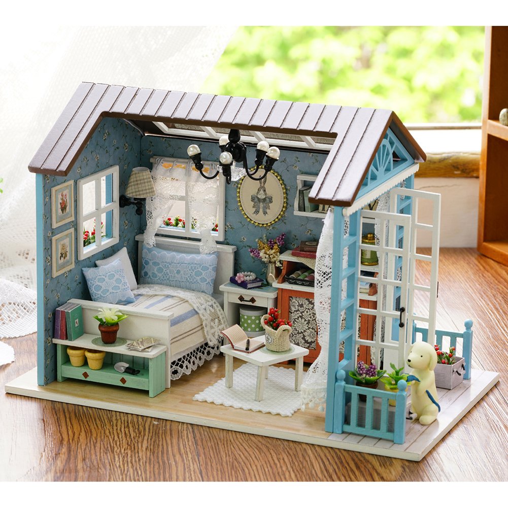 Blassgrunes Zimmer Oshide Puppenhaus Suss Diy House Mit Licht Musik Als Kinder Geschenk Puppen Zubehor Spielzeug