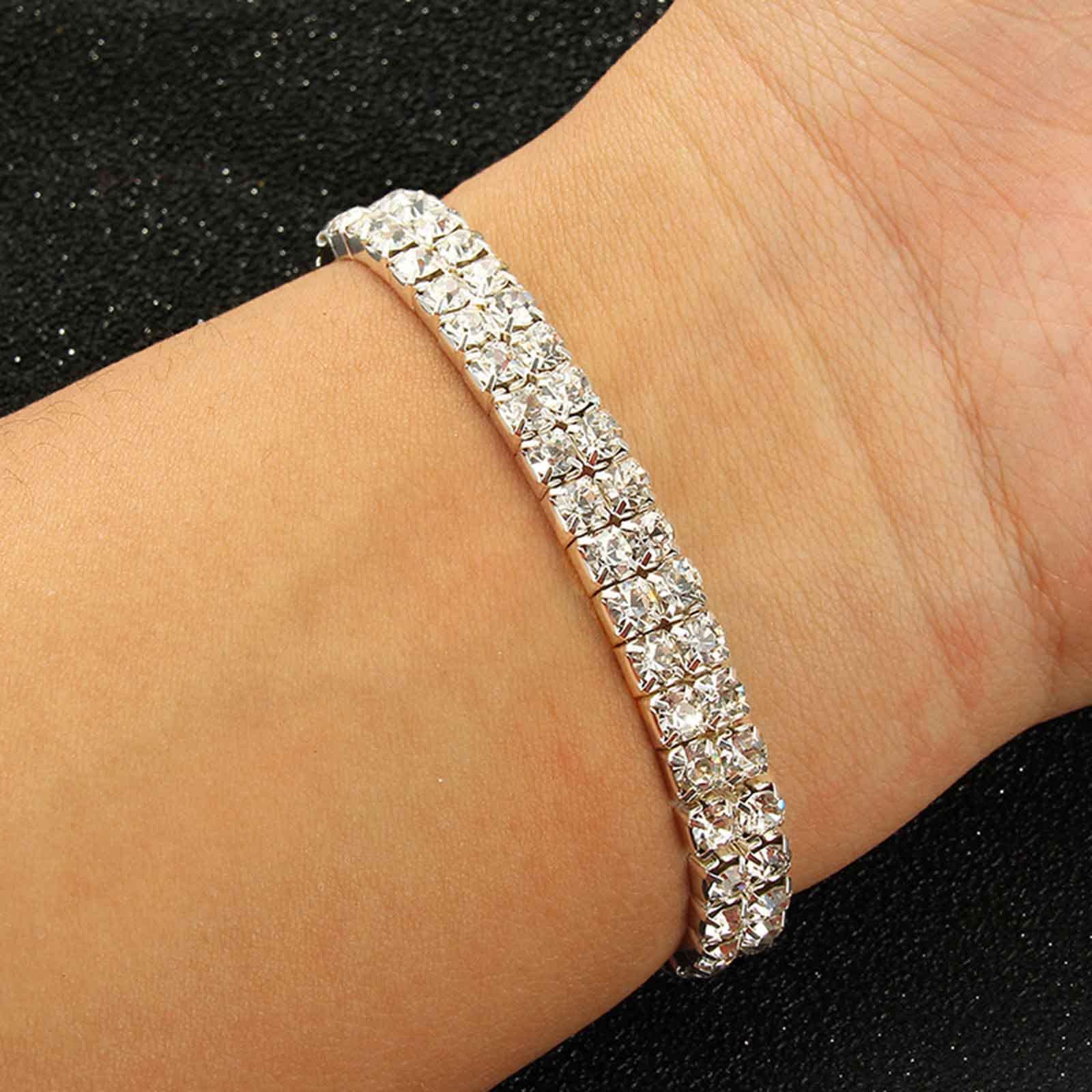 Wendalern Cubic Zirconia Tennis Bracelet Layered Crystal Cz Chain Bracelet Silver Tennis Chain Bracelet Diamond Round Bracelet Wedding Bridal Rhinestone Bracelets Jewelry for Women Girls(Double Layer)
