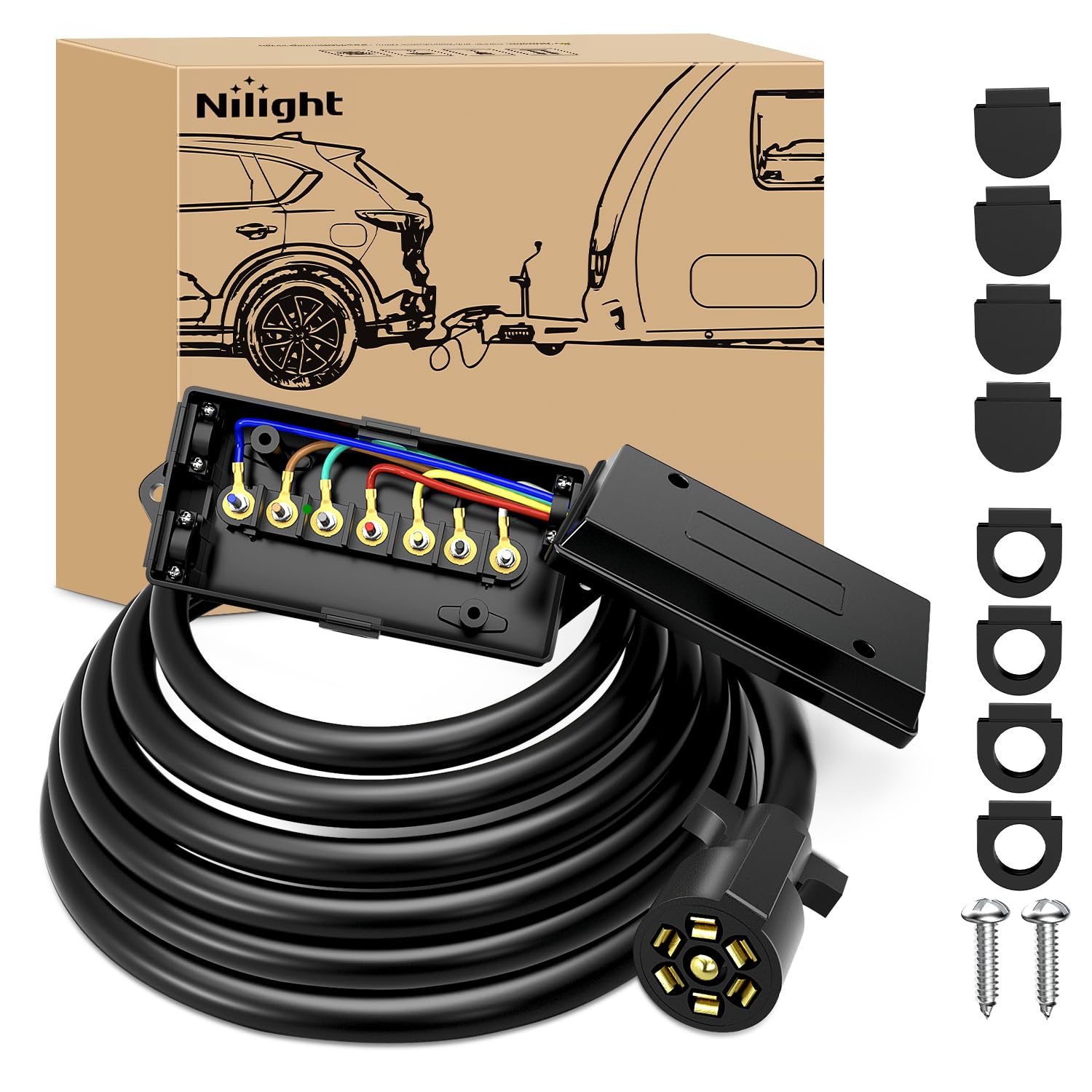 Nilight Heavy Duty 7 Way Inline Trailer Plug with 7 Gang Weatherproof Junction Box - 12 Feet Connector Cable Wiring Harness Suitable for RV Automotives Cars Image