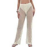 Eddoyee Womens Crochet Cover Up Pants Summer Beach Swimsuit Coverup 2025 High Waisted Sexy Mesh Knit Coverup Pants