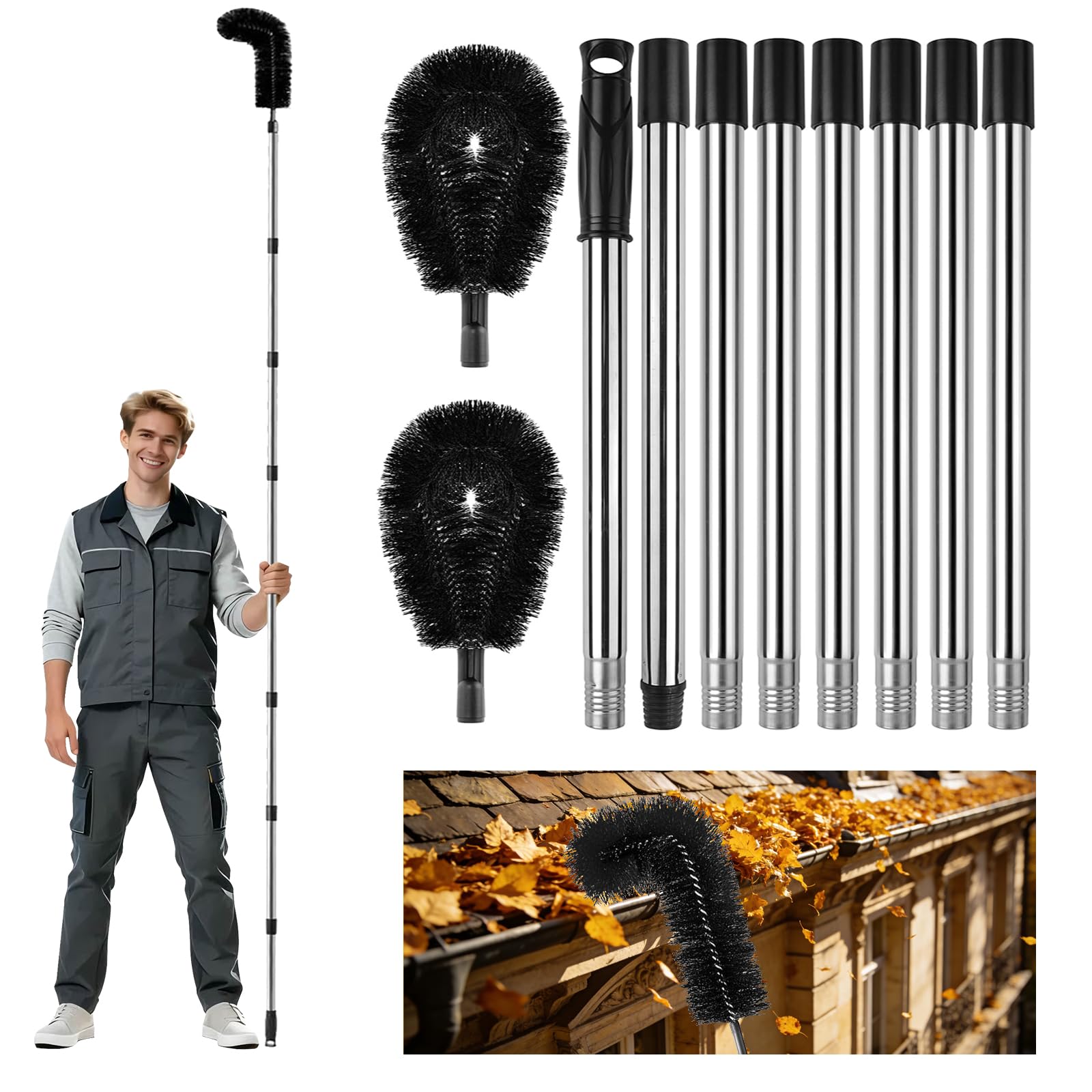 Photo 1 of 10.5FT Gutter Cleaning Tools from The Ground, Adjustable Rain Gutter Cleaning Brush with Pole, Long-Reach Gutter Cleaner & Brush, Ladder-Free Removal of Leaves, Branches & Debris