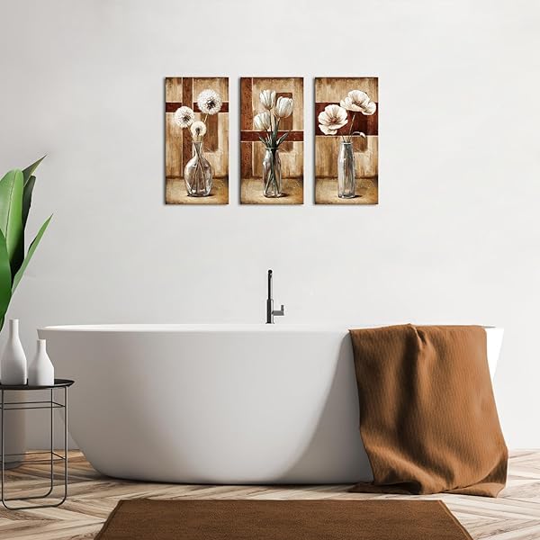 ARTMYHARBOR BROWN AND RED FLORAL WALL ART DANDELION BEDROOM DECOR WHITE TULIP PICTURE 12 X 24 INCHES