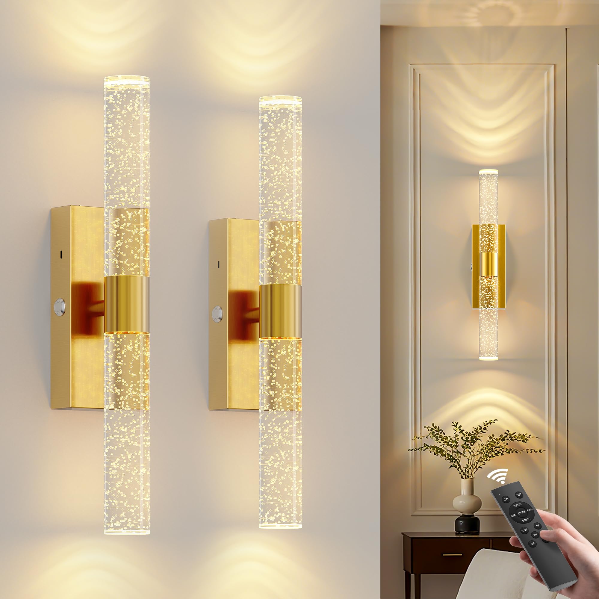 Photo 1 of 20000mAh Battery Operated Wall Sconces: 17 Inch Rechargeable Wall Lights Set of 2 with Arylic Shade - 3000K-6000K Dimmable Wireless LED Wall Lamp with Remote for Bedroom Bathroom Hallway Living Room