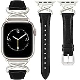 JR.DM Leather Bands Women Compatible with Apple Watch 40mm 38mm 44mm 45mm 41mm 42mm 46mm 49mm Dressy Slim Strap with Fashion X-Shaped Metal Crown for iWatch Series Ultra/SE/11/10/9/8/7/6/5/4/3/2/1 Black