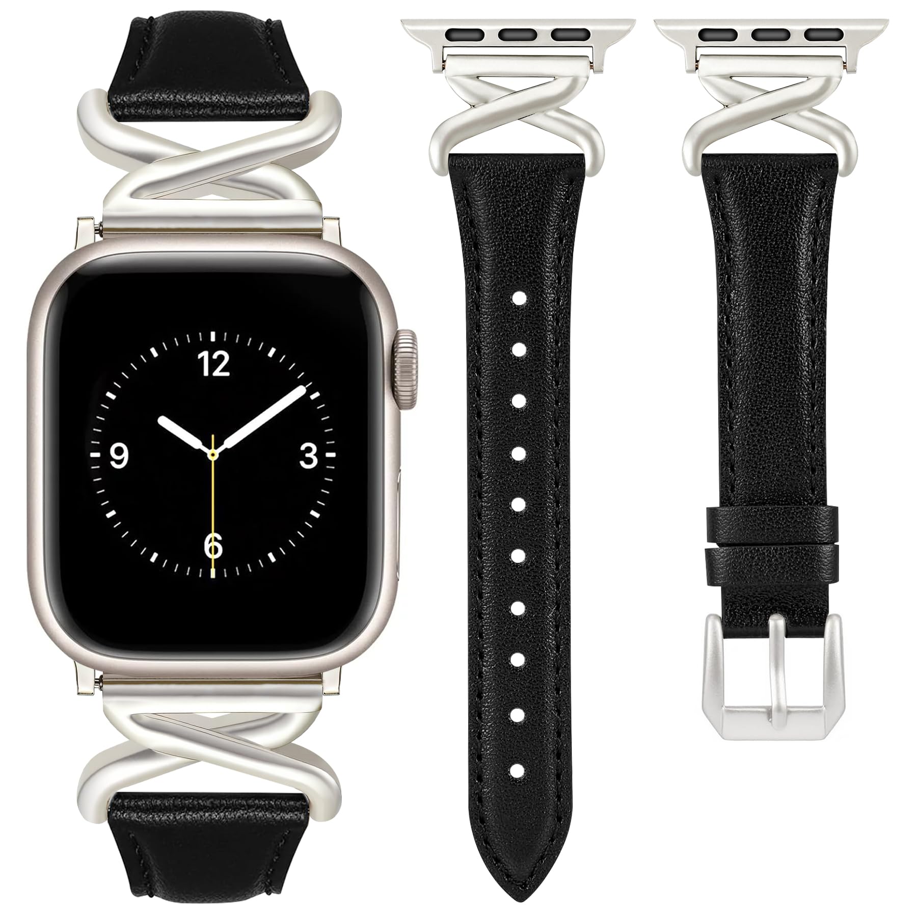 JR.DM Leather Bands Women Compatible with Apple Watch 40mm 38mm 44mm 45mm 41mm 42mm 46mm 49mm Dressy Slim Strap with Fashion X-Shaped Metal Crown for iWatch Series Ultra/SE/11/10/9/8/7/6/5/4/3/2/1 Black
