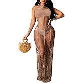 Women Sexy Crochet Swimsuit Cover Up Halter V Neck Backless See Through Long Maxi Dress Summer Beach Bikini Cover Ups