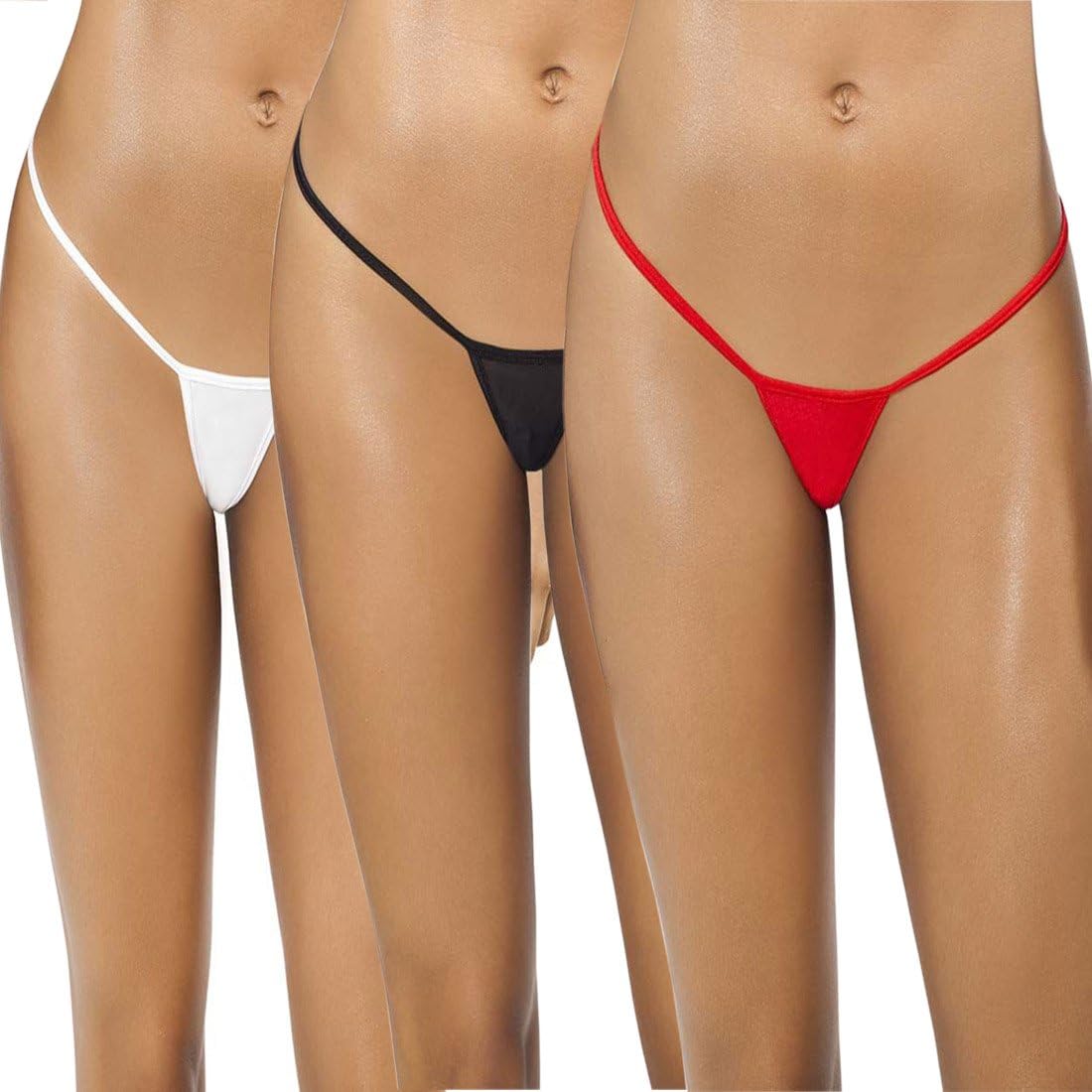 Women's Polyester Lycra Seamless Thongs G-String Panties (Black White Red, Free Size -Waist 28"-32" Inches) - Pack of 3 Pieces