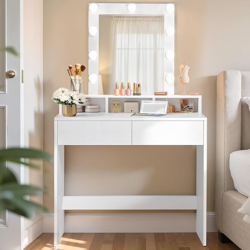VASAGLE Dressing Table with LED Lights, 2 Drawers, Mirror, Cloud White