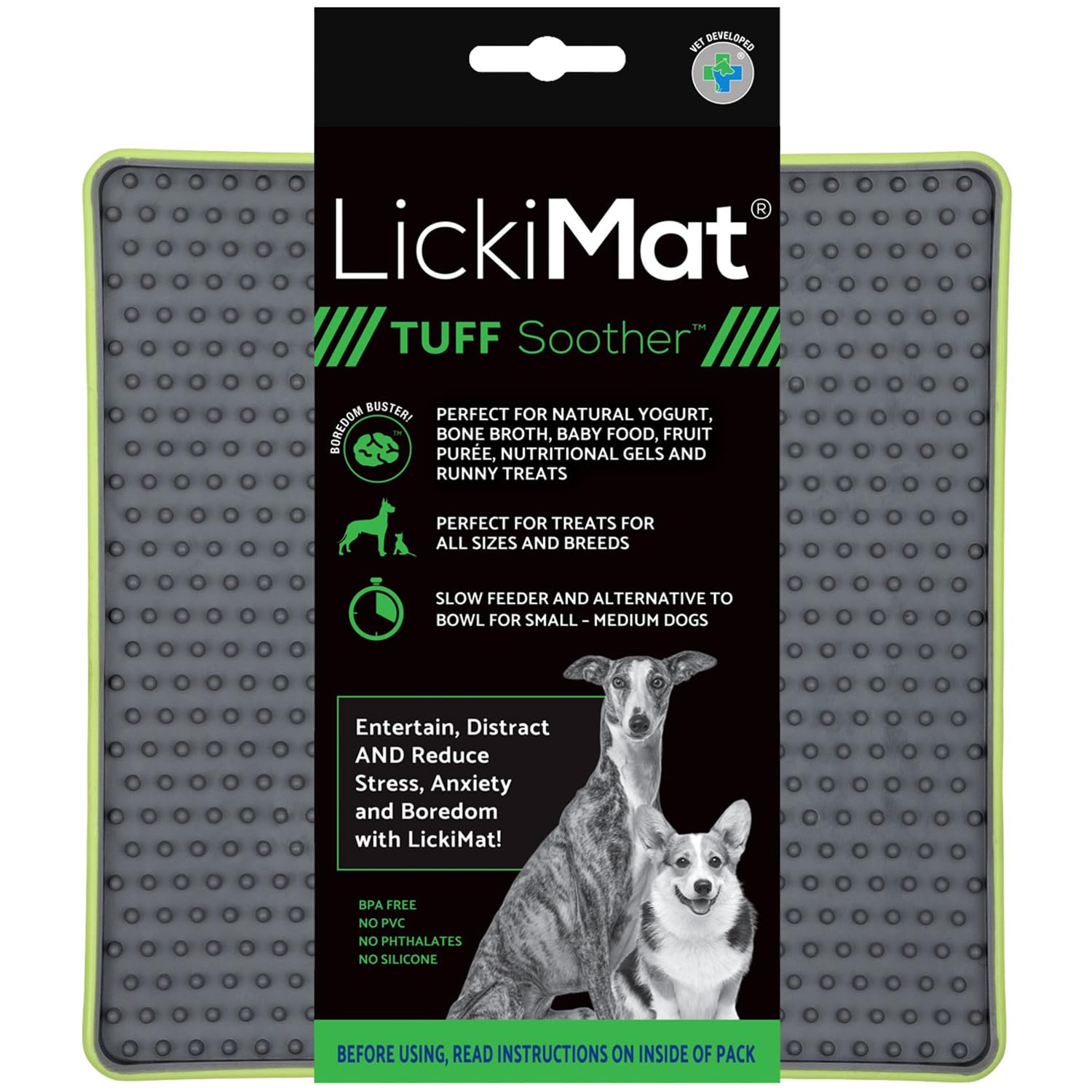 Lickimat Tuff, Heavy-Duty Soother, Dog Slow Feeder Lick Mat, Boredom Anxiety Reducer; Perfect for Food, Treats, Yogurt, or Peanut Butter, Fun Alternative to a Slow Feed Dog Bowl, Green โ image 1