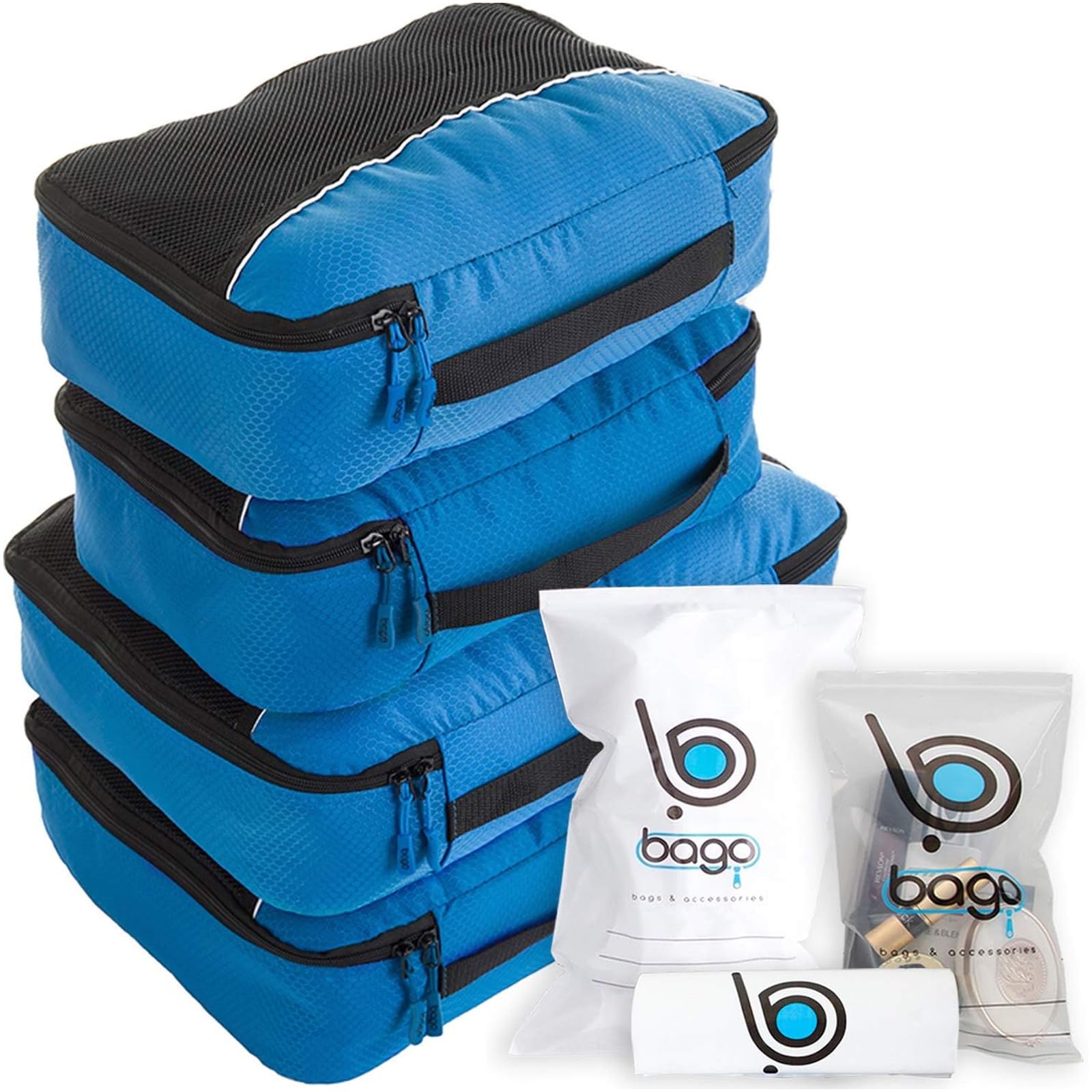 bago 7 Pcs Packing Cubes For Travel - 4 Packing Cube with 3 ZipLock Bags - Travel Cubes to Get Maximum Storage, Save Time & Effort to Pack - Happy Traveling (Blue)