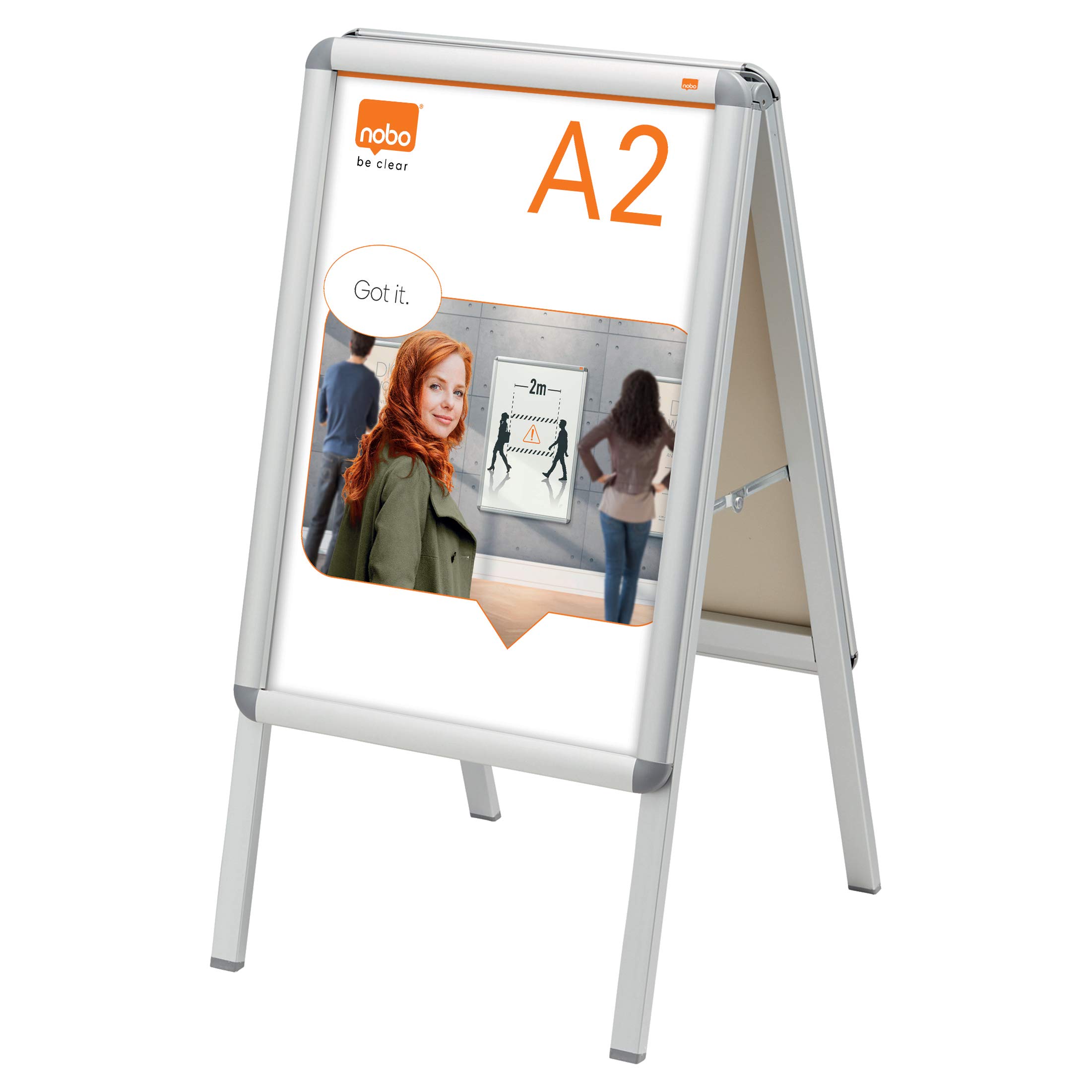 Nobo A2 A-Board Sign Holder With Snap Frame, Free-Standing, Double-Sided, Aluminium Trim, Anti-Glare Protective Cover, Premium Plus, Silver, 1902207