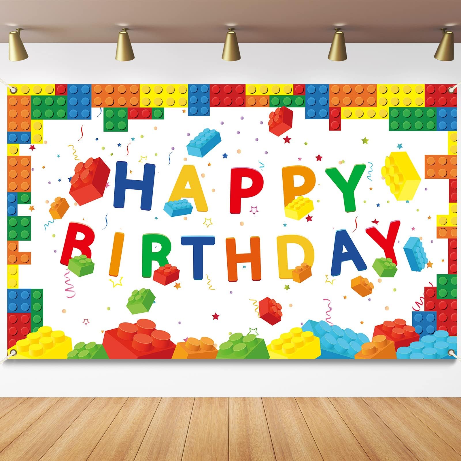 Photo 1 of Chiazllta Building Blocks Happy Birthday Banner Colorful Blocks Birthday Party Decorations Backdrop Photography Background for Children Kids Boys Girls Building Blocks Theme Party Supplies, White