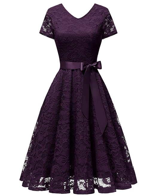 bridesmay Damen 50S Retro Spitzenkleid Kurzarm Elegant Brautjungfernkleid Abendkleider