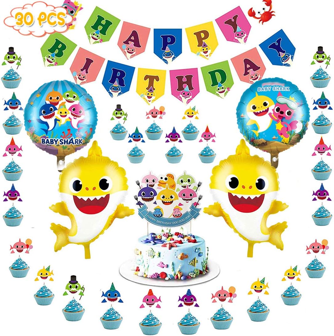 Shark Baby Party Supplies 30 Pcs birthday decorations With 1 Big Cake topper 24 Cupcake toppers 4 Shark Baby Balloons and 1 Happy Birthday Banner for Cake Decor/Baby Shower/Kids Birthday Party