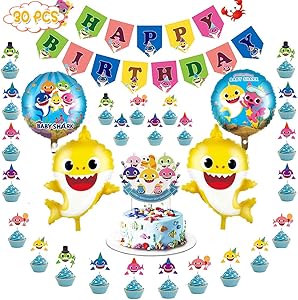 Shark Baby Party Supplies 30 Pcs birthday decorations With 1 Big Cake topper 24 Cupcake toppers 4 Shark Baby Balloons and 1 Happy Birthday Banner for Cake Decor/Baby Shower/Kids Birthday Party