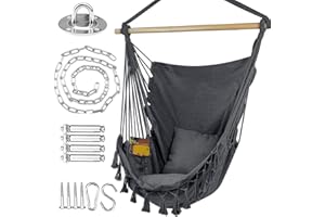 WBHome Extra Large Hammock Chair Swing with Hardware Kit, Hanging Macrame Chair Cotton Canvas, Include Carry Bag & Two Soft Seat Cushions, for Bedroom Indoor Outdoor, Max. Weight 330 Lbs (Grey)