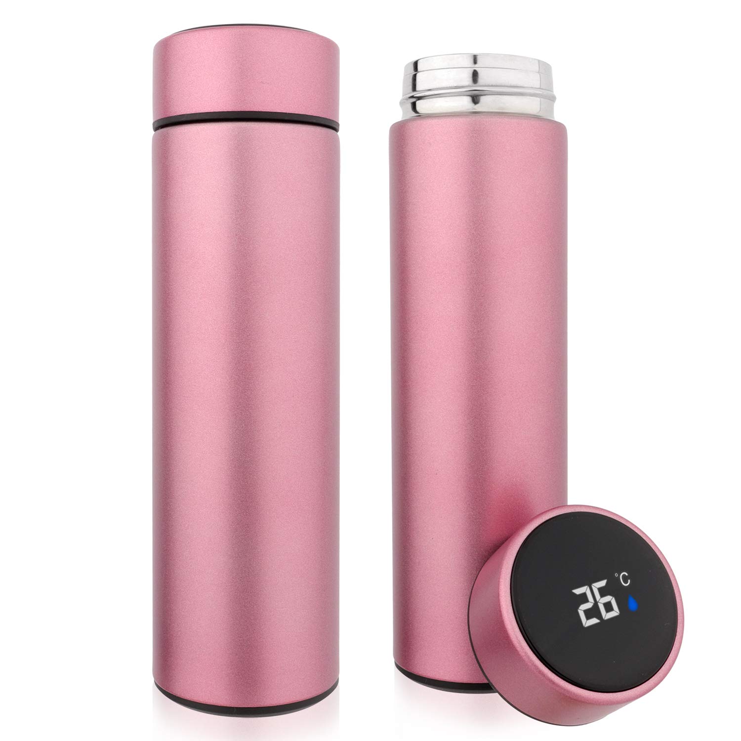QiCheng&LYS 500ML Travel Mug with Temperature Display 304 Stainless Steel, Double Walled Vacuum Insulation Cup for Heat and Cold Water(Pink)