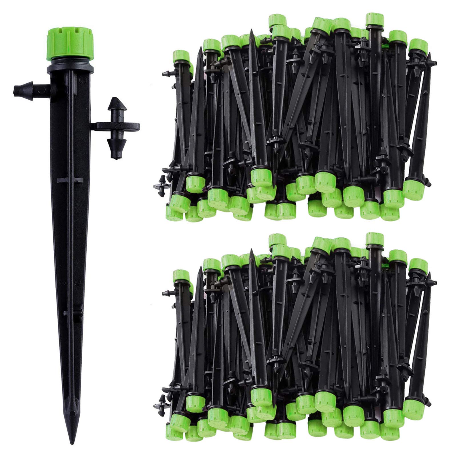 Kalolary 100 Pcs 1/4 Inch Universal 360 Degree Adjustable Irrigation System Dripper with Connector for 1/4 (4-7mm) Water Flow Irrigation System