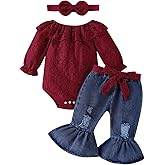 FOCUTEBB Baby Girl Clothes Lace Off Shoulder Romper Flare Jeans Pants Headband and Belt 4pcs Outfit 3-24 Months