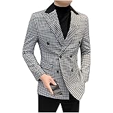 Mens Plaid Blazer Jacket with Elbow Patch Slim Fit Fashion Business Casual Sport Coat
