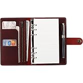 Leather Writing Journal Notebook Refillable, A6 Personal Size Traveler's Notebook with Pockets, 6 Ring Binder Planner Notebook with Pen Holder-WINE