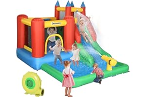 Outsunny 6-in-1 Kids Bounce House Inflatable Water Slide with Pool, Water Cannon, Climbing Wall, Inflator Included, Jumping Castle Kids Backyard Activity Outdoor Water Play Toy