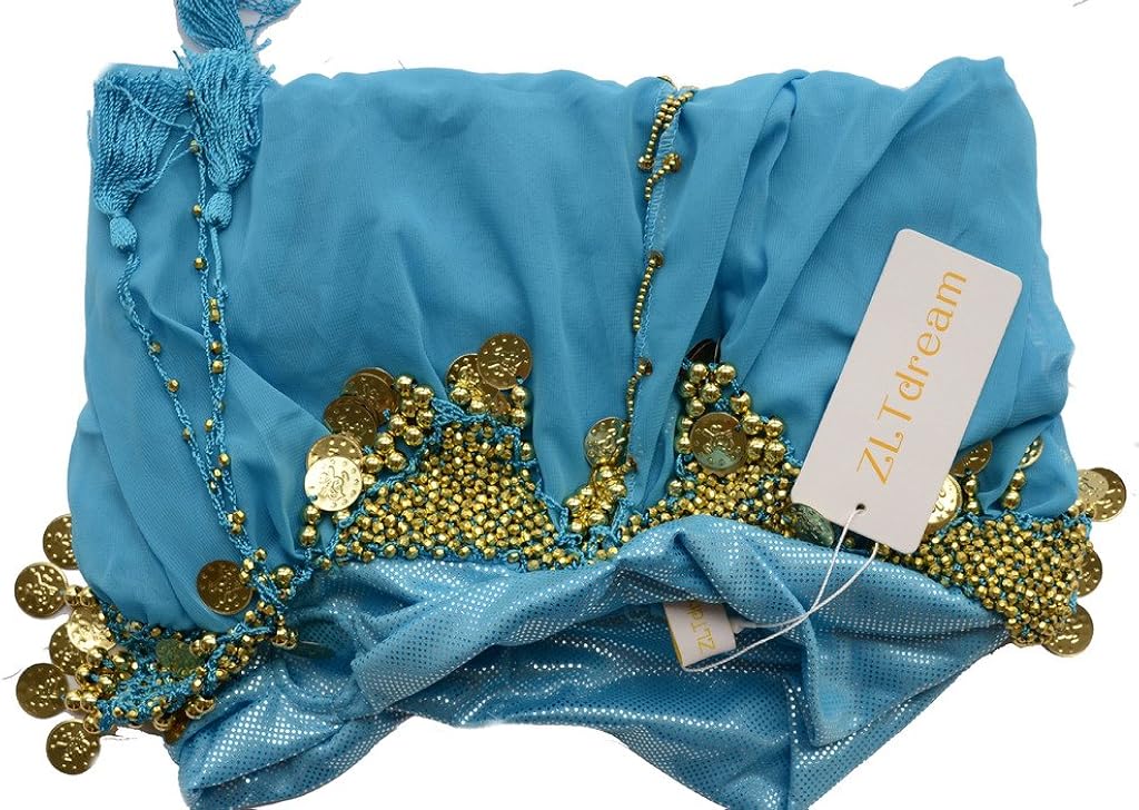 ZLTdream Lady's Belly Dance Chiffon Banadge Top and Lantern Coins Pants Light Blue, One Size: Clothing