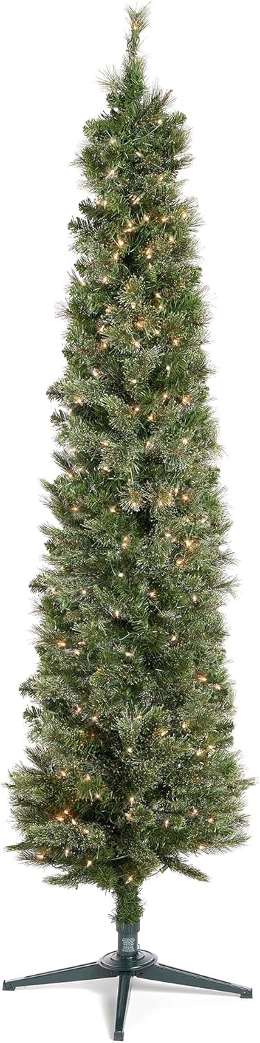 Trees - Home Heritage Stanley 7 Foot Pencil Pine Artificial Christmas Tree Prelit with 350 White Incandescent Lights, 335 PVC Foliage Tips, Metal Stand, Green