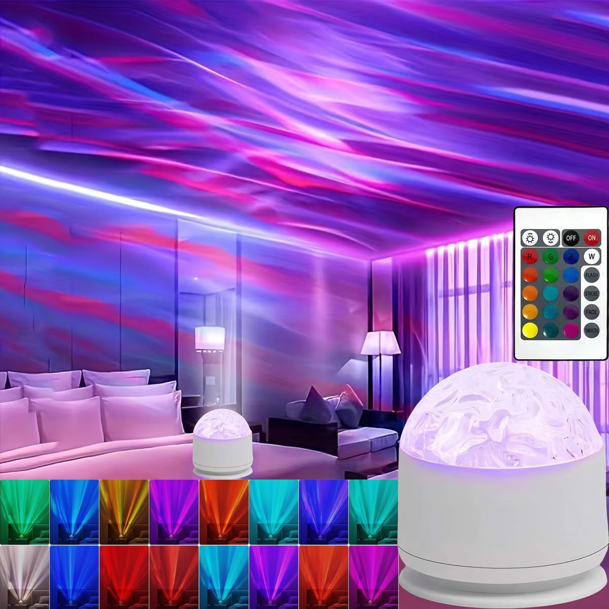 Photo 1 of 2 in 1 Galaxy Light,16 Color Northern Lights Projector,Ocean Wave Projector Sunset Lamp with Remote Control,USB Recharge Aurora Night Light Projector for Bedroom Home Decor Kids Girl Gift(Aurora&Wave)
