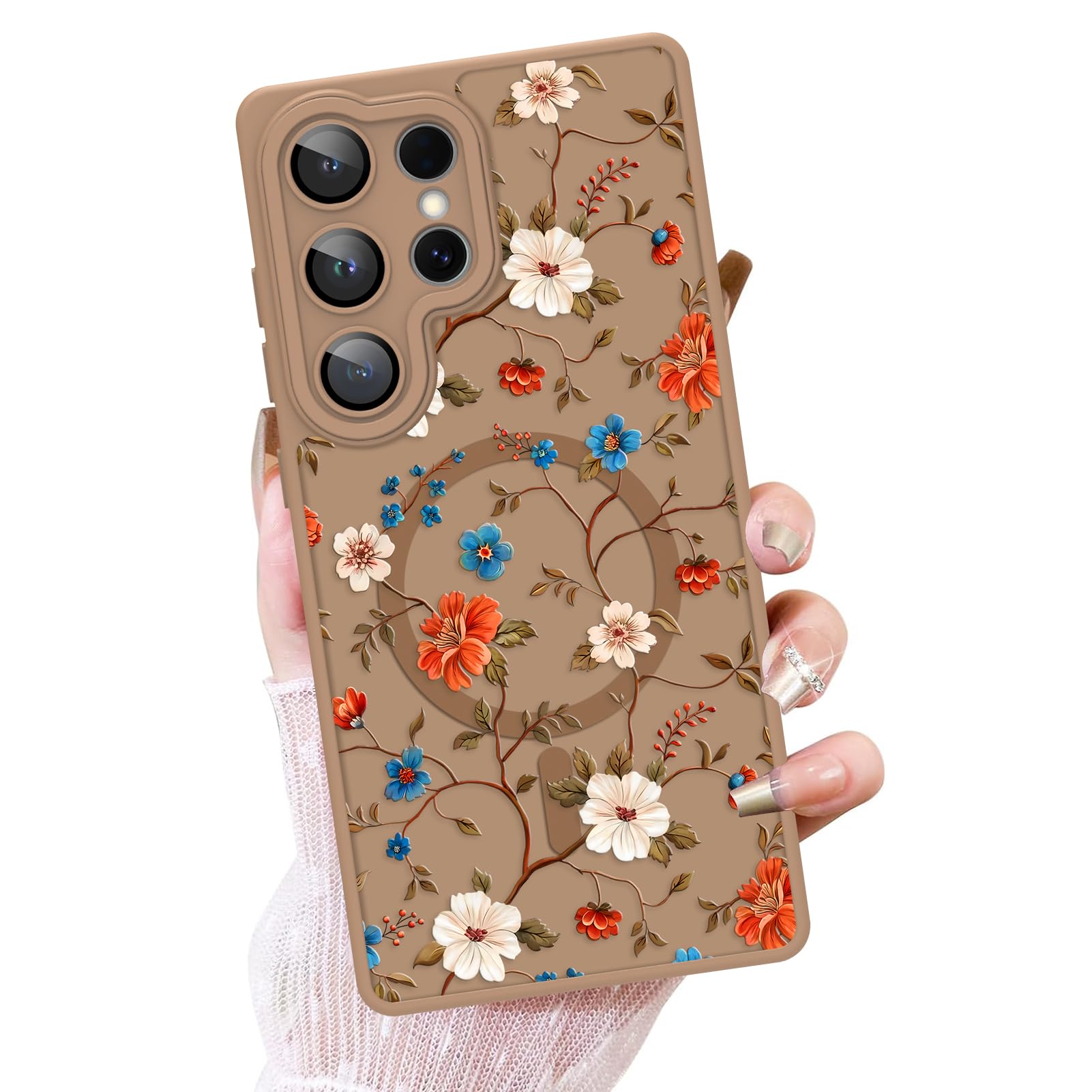 OOK Case for Samsung Galaxy S25 Ulta, Compatible with MagSafe, Cute Brown Vintage Floral Frosted Shockproof Protective for Women Girls Magnetic Phone Cover