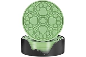 BANGKEE 6 Pack Green Silicone Coasters with Holder, 4 Inches Non-Slip Decorative Coaster for Tabletop, Desk Dishwasher Safe Cup Mat for Bar, Drinks, Beer, Coffee