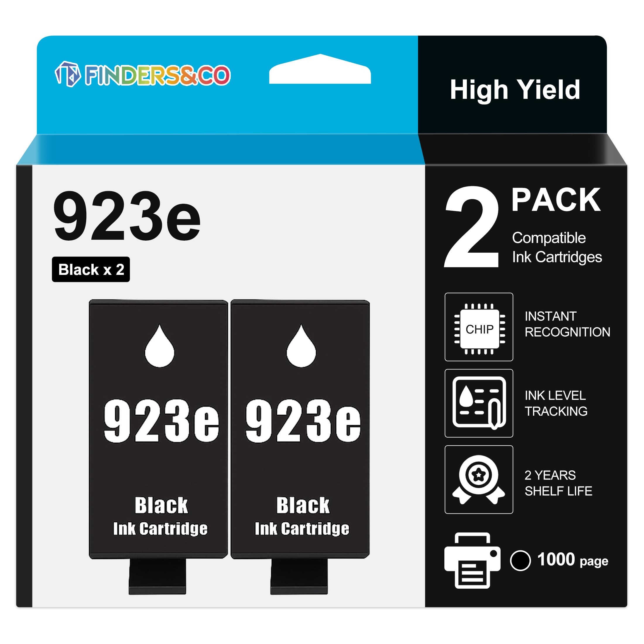 Photo 1 of F FINDERS&CO 923e BK Black 923XL Ink Cartridges (with Chip) Compatible with HP 923 Ink Replacement for HP OfficeJet Pro 8120e 8122e 8130e 8125e 8135e 8138e 8139e Printer (2* BK)