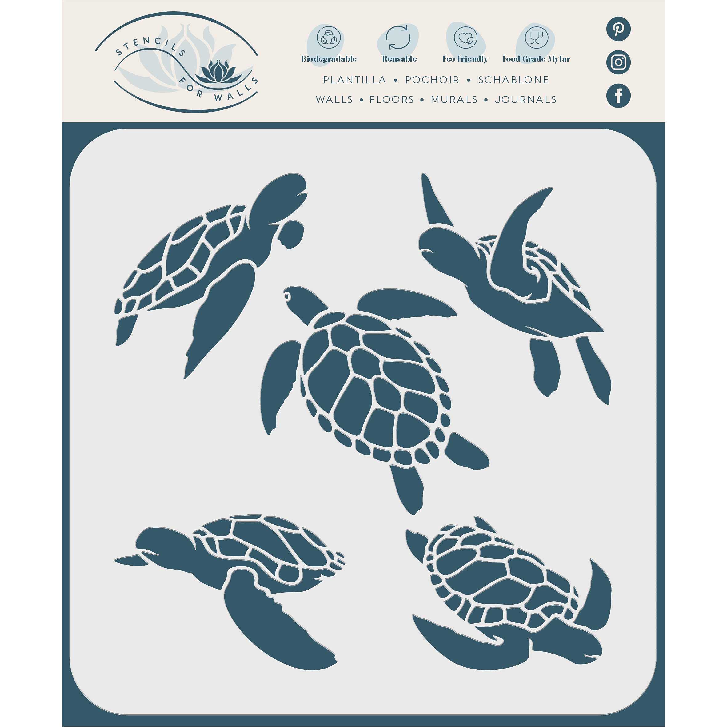 Turtles Stencil, 16.5 x 16.5 cm (M) - Sea Ocean Nautical Seashore Reef Endangered Stencils for Painting Template