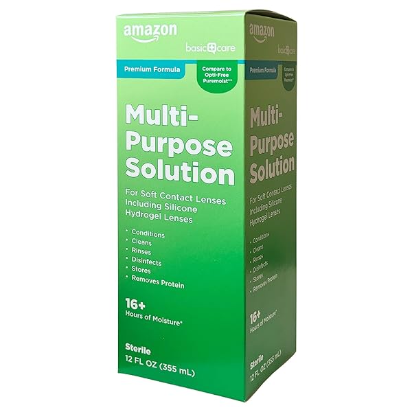 AMAZON BASIC CARE MULTI-PURPOSE CONTACTS SOLUTION – PREMIUM FORMULA, DISINFECTS, CLEANS, REMOVES PROTEIN, MOISTURIZES FOR 16+ HOURS, CONTACT LENS CLEANER & STORAGE, 12 FL OZ (PACK OF 1)