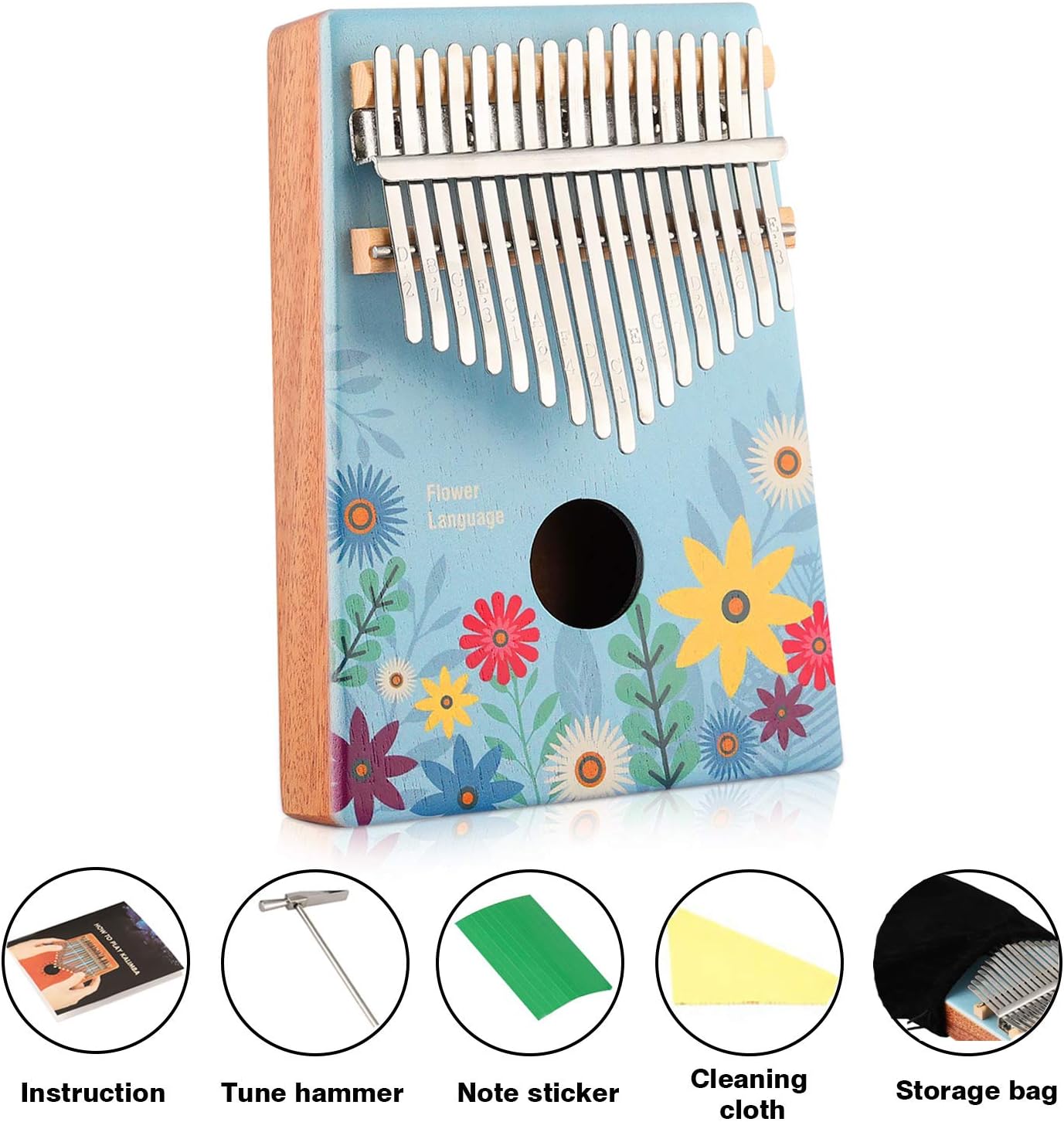 17 Key Kalimba Thumb Piano Kit Finger Piano Flower Pattern Portable Mahogany Wood African Music Instrument with Tuning Hammer Music Instruction Book Key Stickers