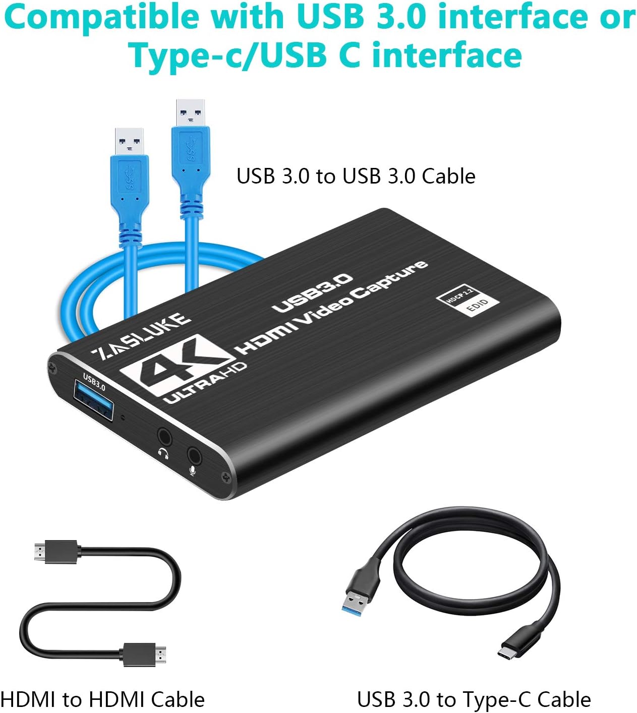 ZasLuke 4K HDMI Game Capture Card, USB 3.0 HDMI Video Capture Device with HDMI Loop-Out 1080P 60FPS Live Streaming Game Recorder Device for PS4, Nintendo Switch, Xbox One&Xbox 360 and More (Black): Computers & Accessories