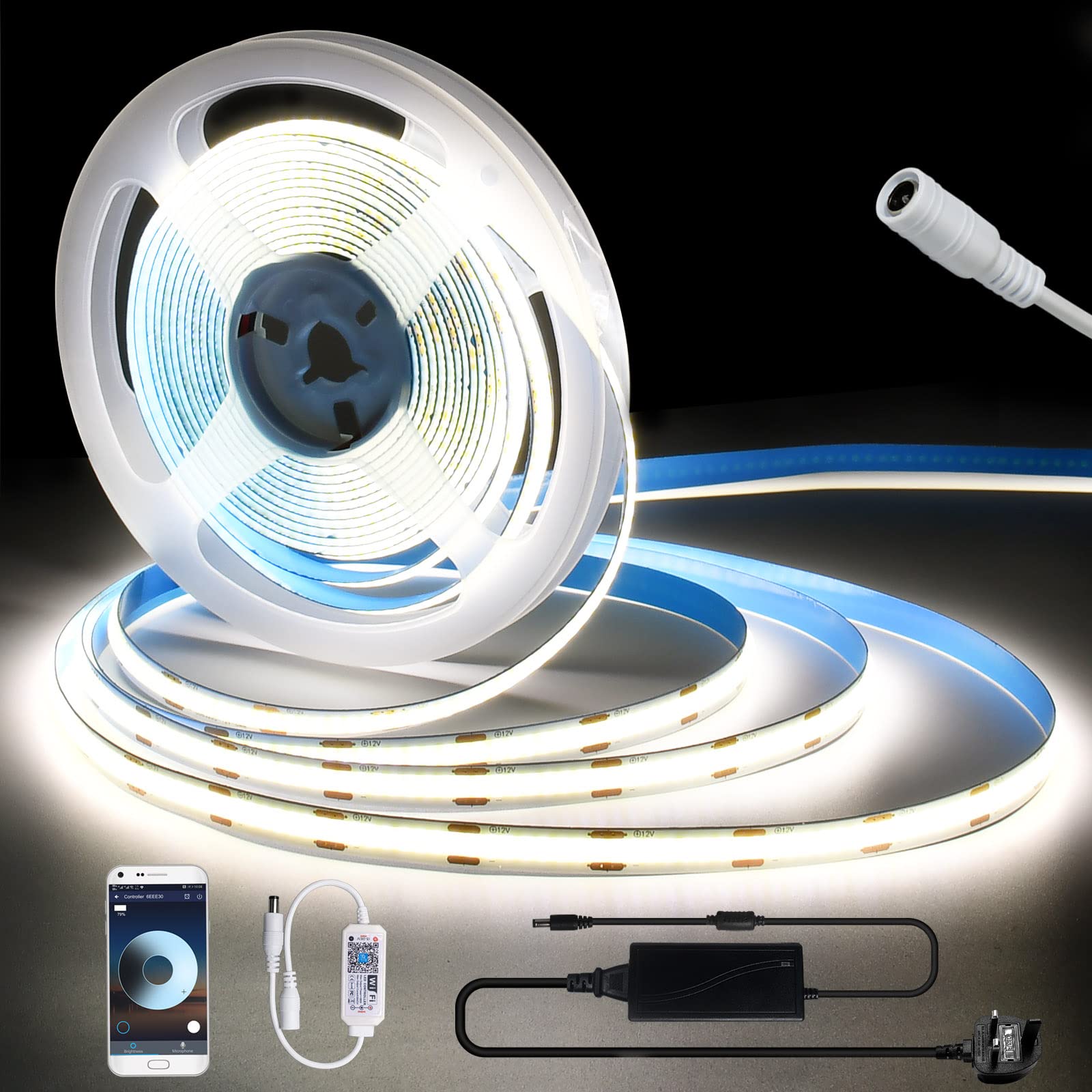 INDARUN Smart WiFi Neutral White Cob Led Strip Light 4000K DC12V 5A, Dimmable Led Strip Set with APP Control, 5m Led Tape Light Kit 320LEDs/Meter for Home Decoration — image 1