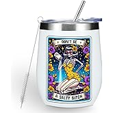 Funny Skeleton Tarot Card Wine Tumbler, Sarcastic Skull Gothic, Witch Stuff Goth Witchy Gifts for Women Sister Birthday Christmas Coffee Cup Insulated Stainless Steel 12oz Wine Glass with Lid, Straw