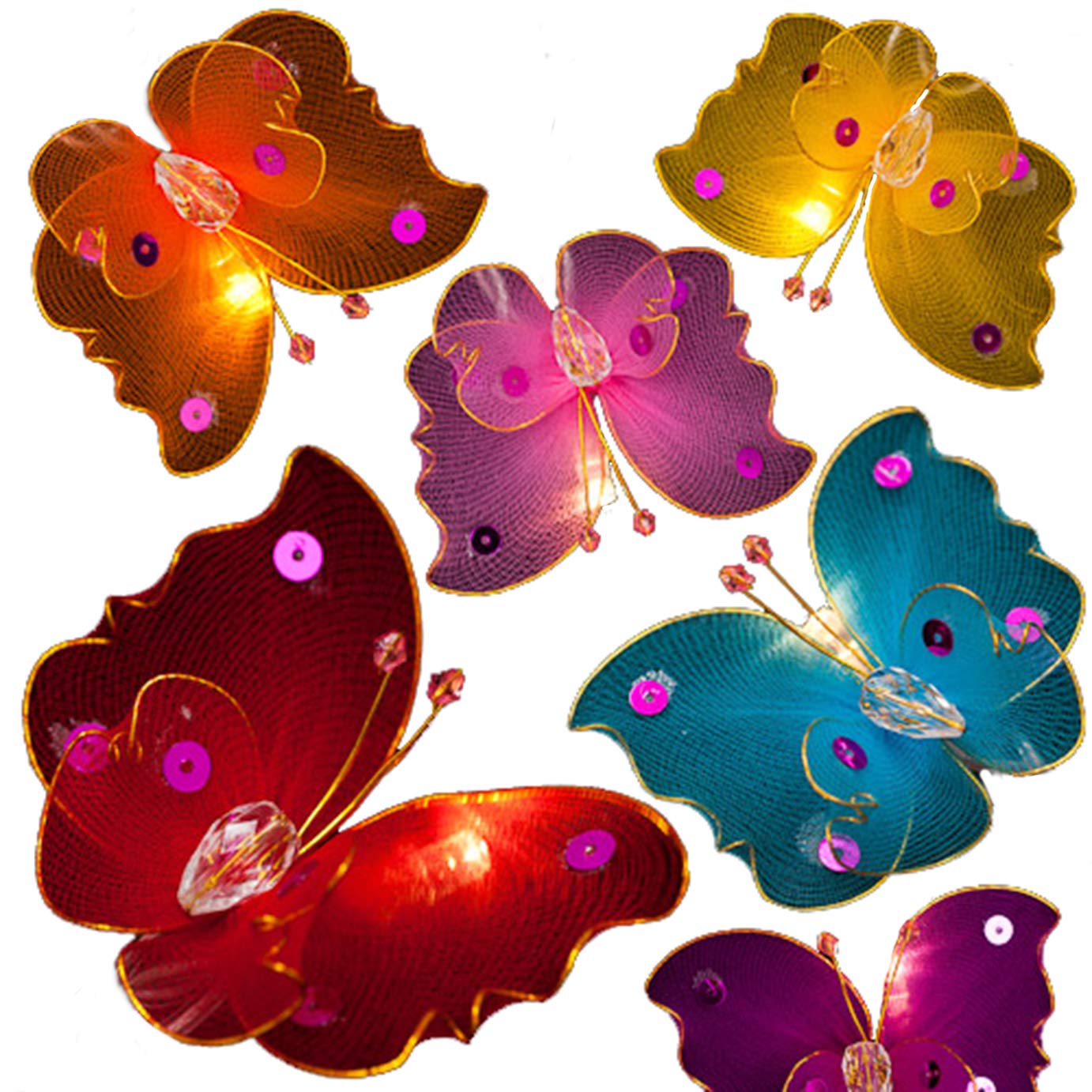 Blaze On Magical Butterfly Fairy Lights (Rainbow Colours) – 20 Warm White LED Lights – Handmade Sheer Fabric & Sequins – USB Powered with UK 3-Pin USB Plug – Indoor String Lights