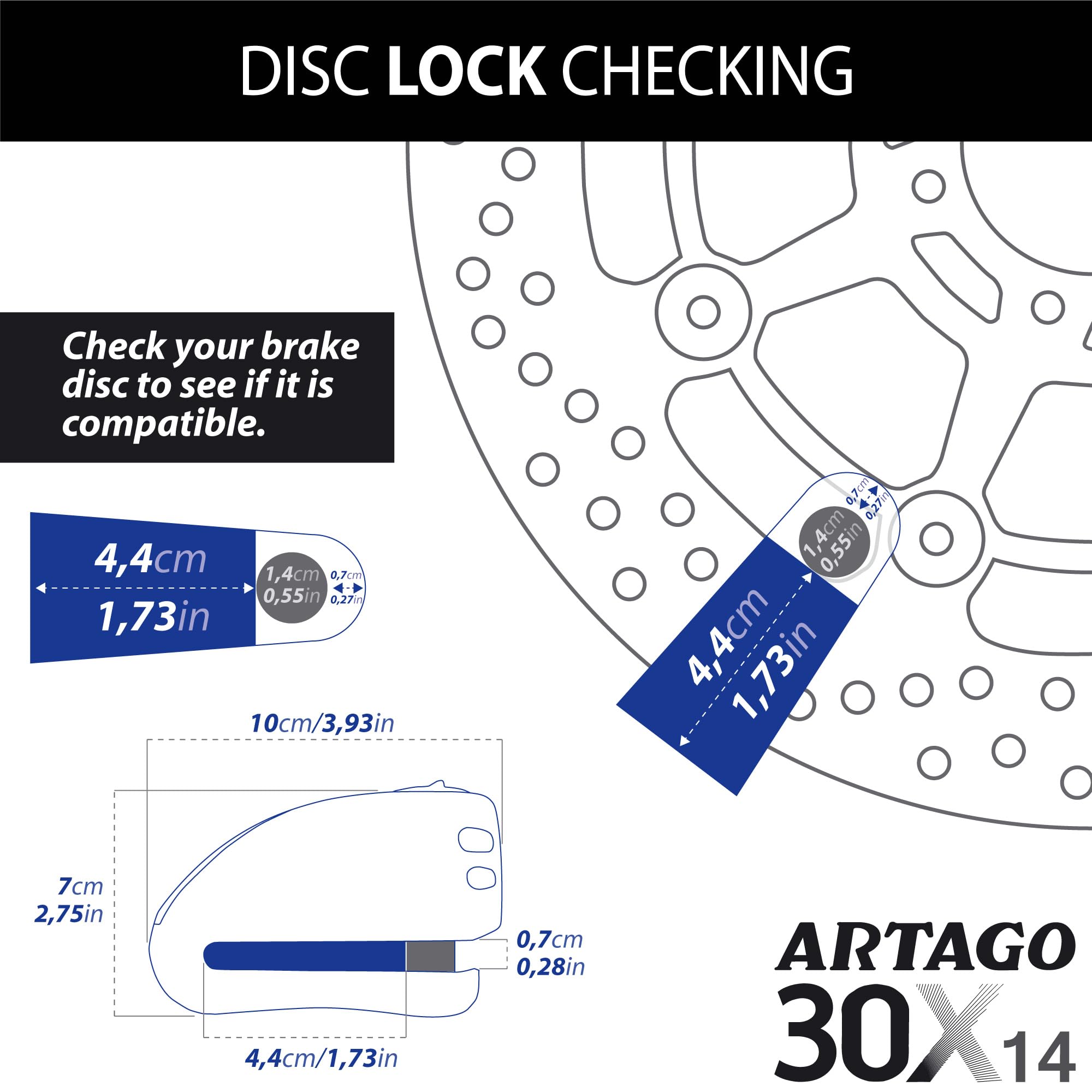 Artago 30X14 High-End Motorcycle Disc Lock with or Without Alarm, Don't Touch System 120dB, Sold Secure & SRA Approved, Disc 5mm Anti-Drill, 14mm Double Locking, Moto Anti Theft Wheel Brake Lock