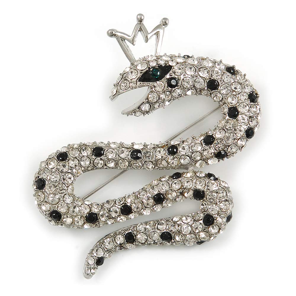 Queen Snake Black/Clear Diamante Brooch In Rhodium Plating - 5cm Width