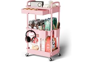Sorgion 3 Tier Rolling Cart Organizer,Laundry Room Bathroom Organizers and Storage Office Shelves Mobile Shelving Unit Kitchen Trolley Cart with Wheels for Art,Craft,Diaper,Bedside,Snack(Pink)