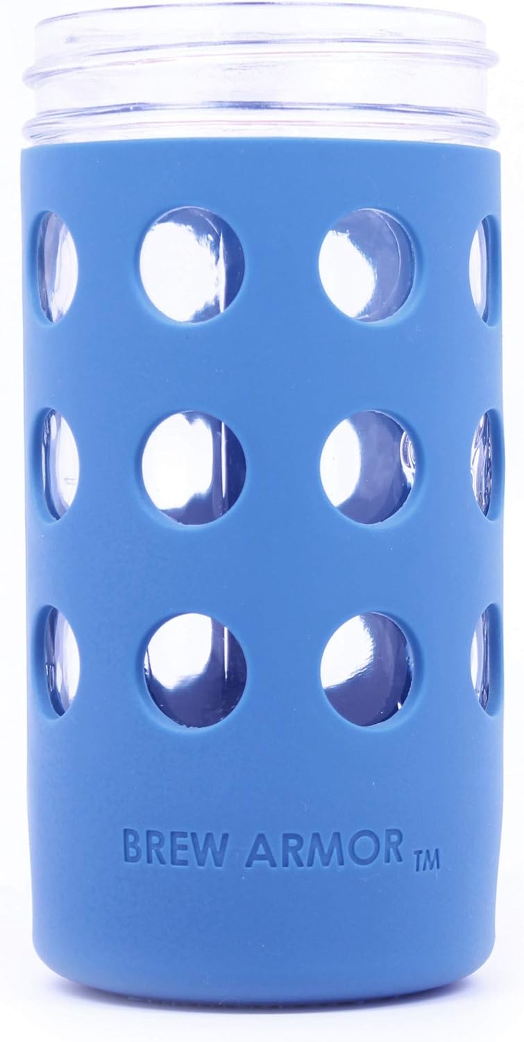 Silicone Mason Jar Protector Sleeve (2 Pack) | Fits Ball, Kerr 24oz (1.5 pint) Wide-Mouth Jars | Thickest Silicone Sleeve | Microwave & Dishwasher Safe | For Coffee, Tea and Smoothies (Blue)